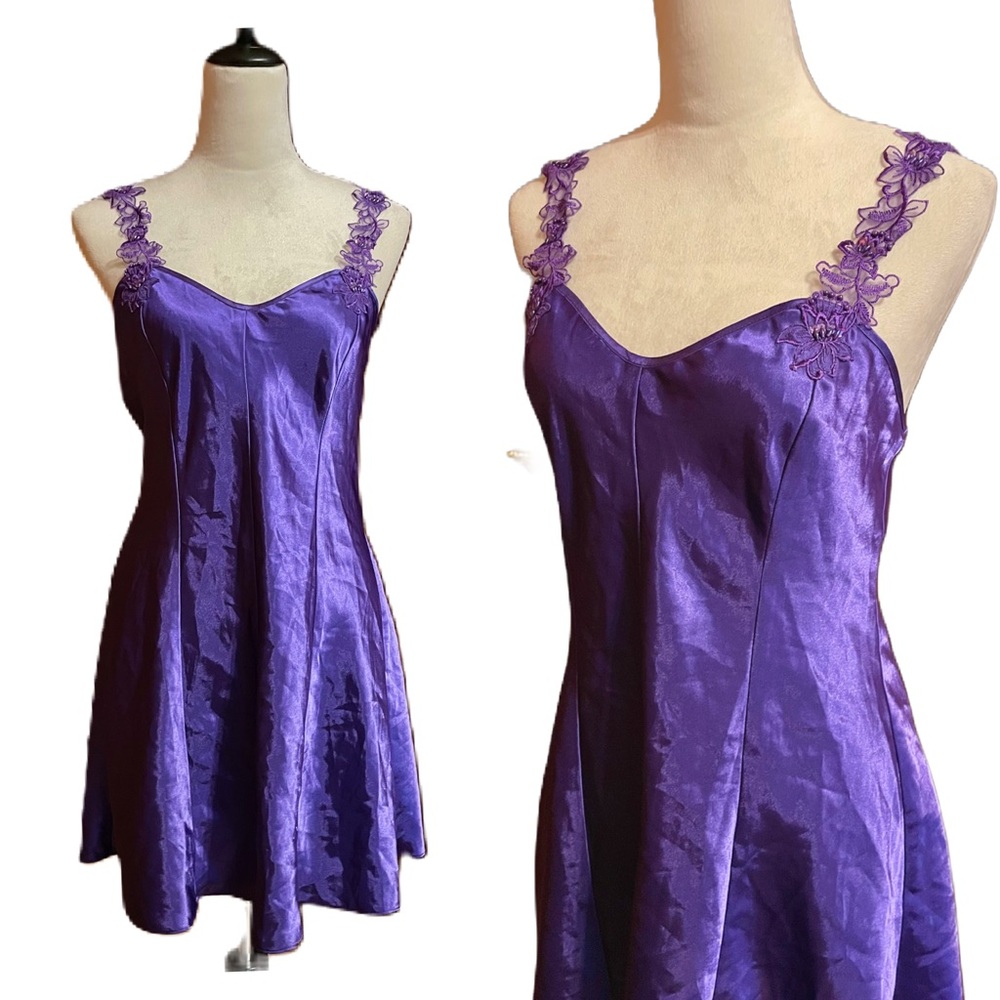 Vintage Flower Lace Strap Purple Satin Slip Dress Sz Medium